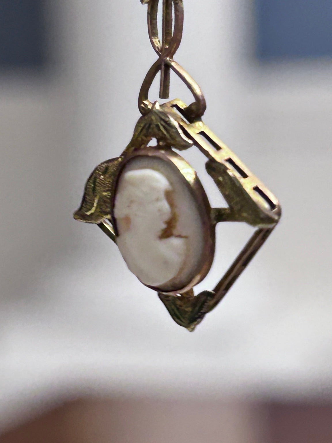 Antique 9k Gold Cameo Pendant with Sculpted Leaves & Delicate Openwork Frame
