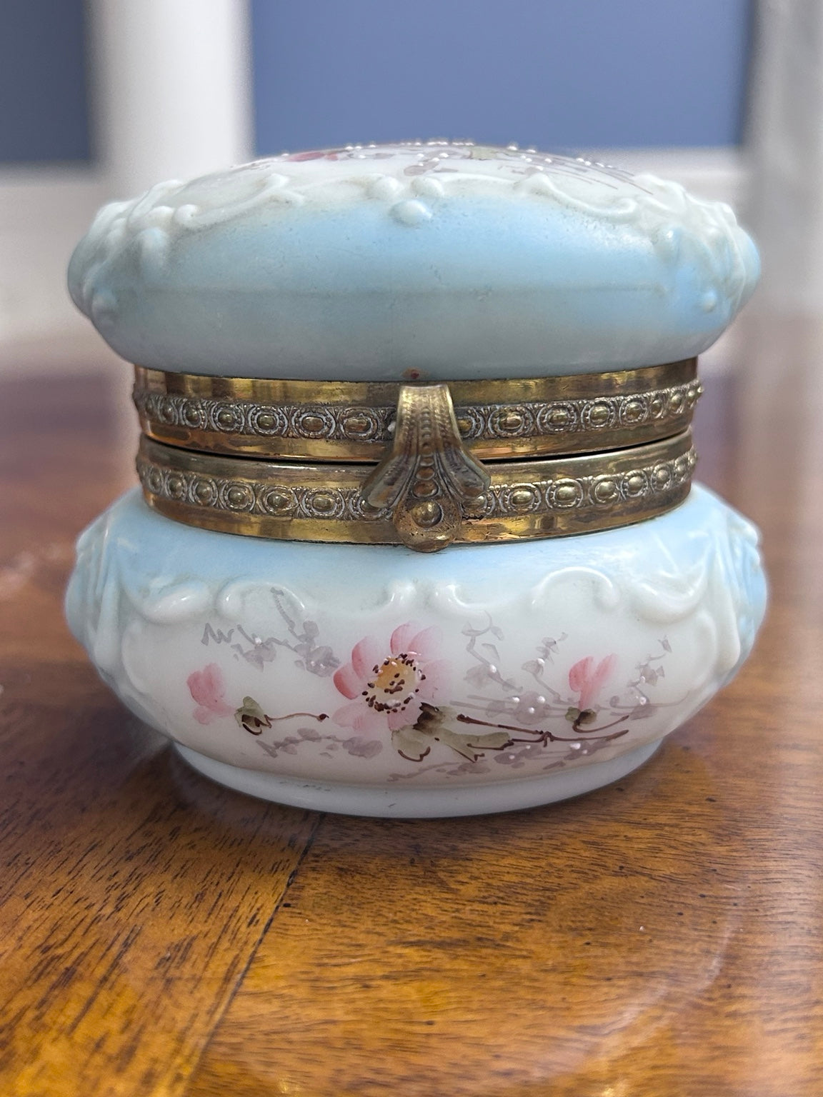 Antique Wave Crest Hand-Painted Floral Dresser Box, Pale Blue Opal Glass & Satin Lining