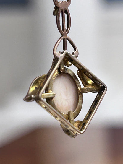 Antique 9k Gold Cameo Pendant with Sculpted Leaves & Delicate Openwork Frame