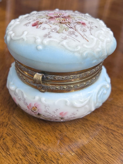 Antique Wave Crest Hand-Painted Floral Dresser Box, Pale Blue Opal Glass & Satin Lining