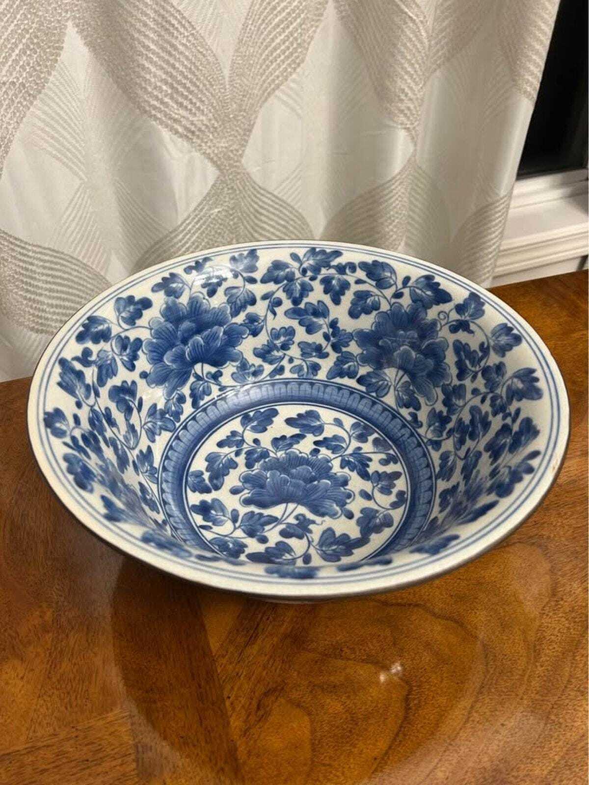 Antique Chinese Blue and White Crackle Glaze Porcelain Center Bowl with Metal Rim