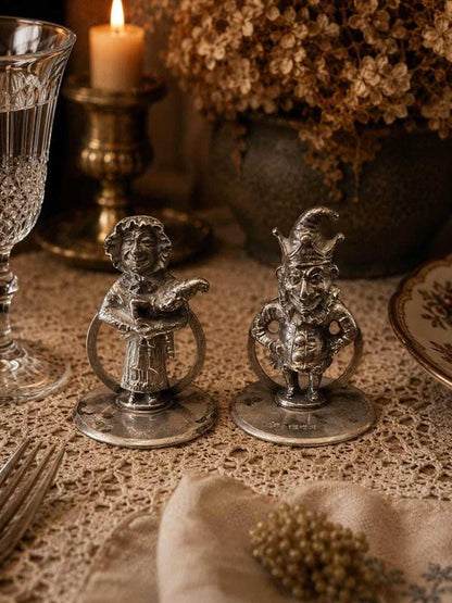 Antique Horace Woodward Sterling Silver Punch & Judy Menu Holders - Birmingham 1903