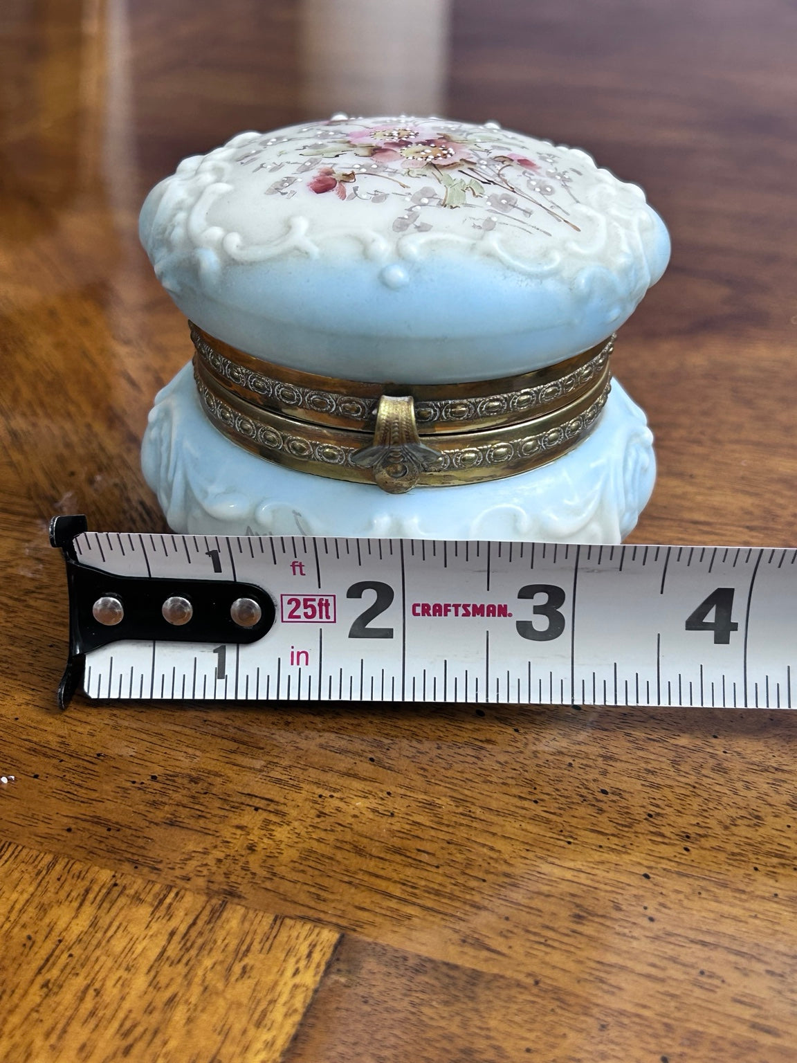 Antique Wave Crest Hand-Painted Floral Dresser Box, Pale Blue Opal Glass & Satin Lining
