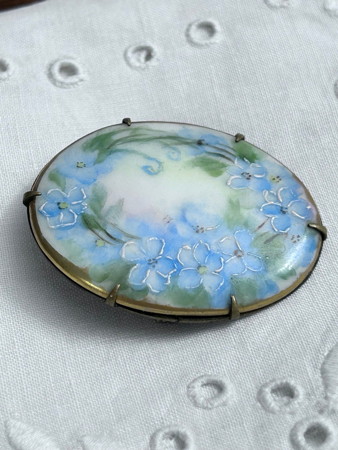 Antique Hand-Painted Blue Forget-Me-Not Floral Brooch, Porcelain & Brass