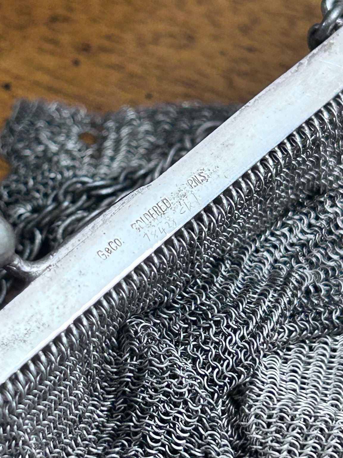Antique Silver-Plated Mesh Purse with Blue Clasp, Marked G&Co
