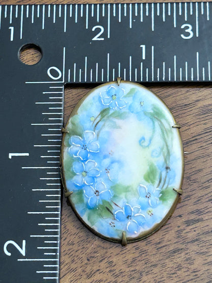 Antique Hand-Painted Blue Forget-Me-Not Floral Brooch, Porcelain & Brass