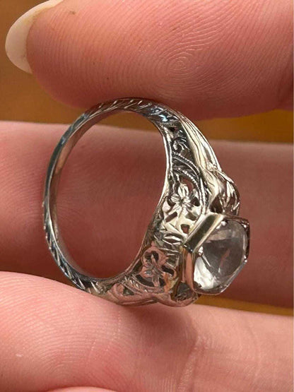 Antique Art Deco 14k White Gold Filigree Clear Spinel Ring Size 4.5