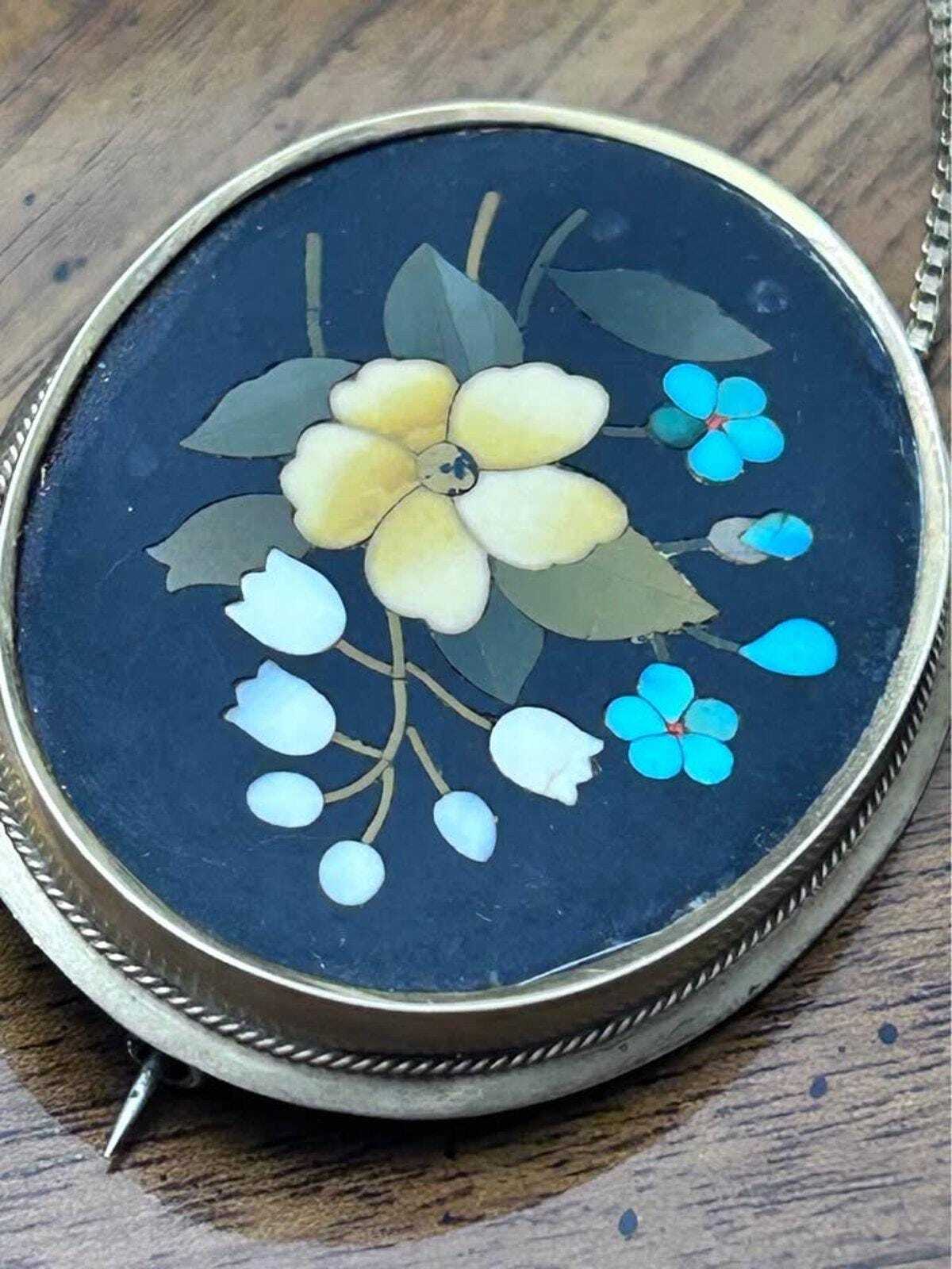 Antique 14k Gold Italian Pietra Dura Floral Mosaic Brooch with Safety Chain