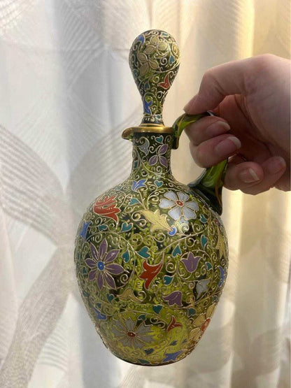 Antique Bohemian Enameled Green Glass Decanter Pitcher