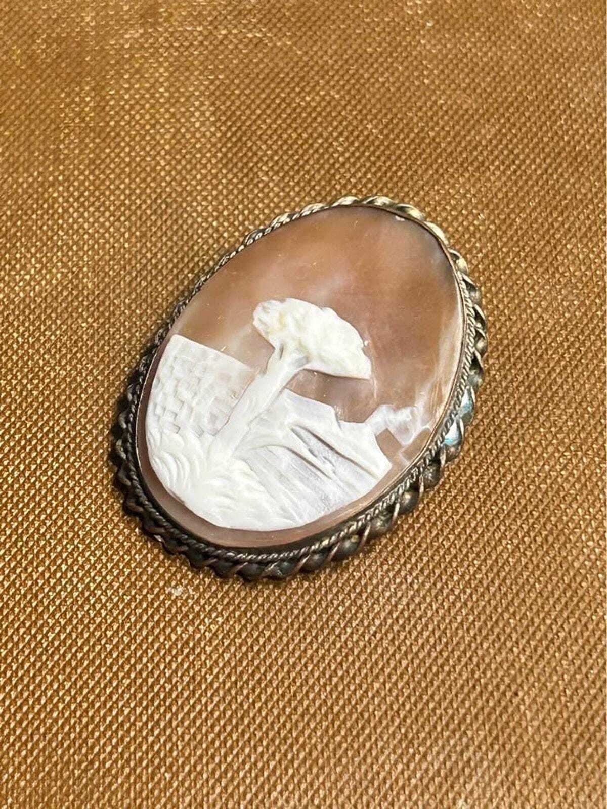 Victorian Hand-Carved Shell Cameo Brooch - Mediterranean Landscape Scene