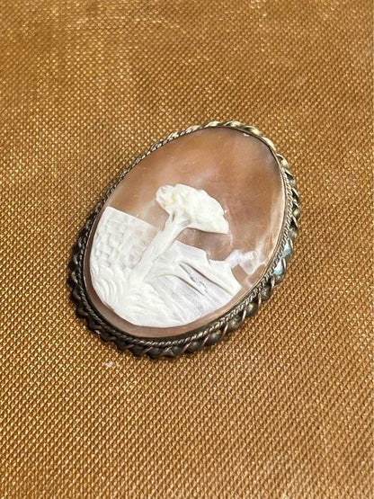 Victorian Hand-Carved Shell Cameo Brooch - Mediterranean Landscape Scene