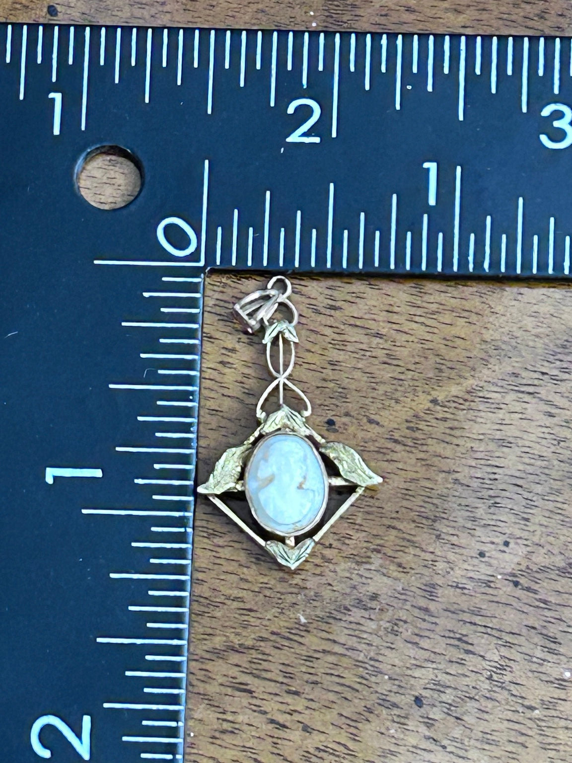 Antique 9k Gold Cameo Pendant with Sculpted Leaves & Delicate Openwork Frame