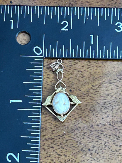 Antique 9k Gold Cameo Pendant with Sculpted Leaves & Delicate Openwork Frame
