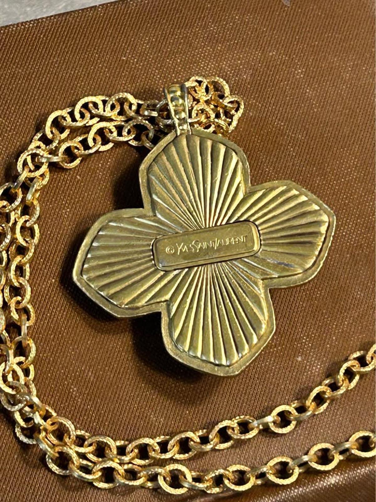 Yves Saint Laurent Vintage Poured Glass and Pearl Maltese Cross Pendant Necklace