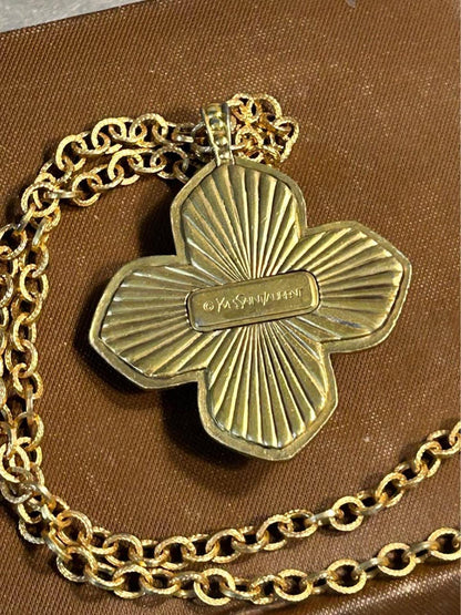 Yves Saint Laurent Vintage Poured Glass and Pearl Maltese Cross Pendant Necklace