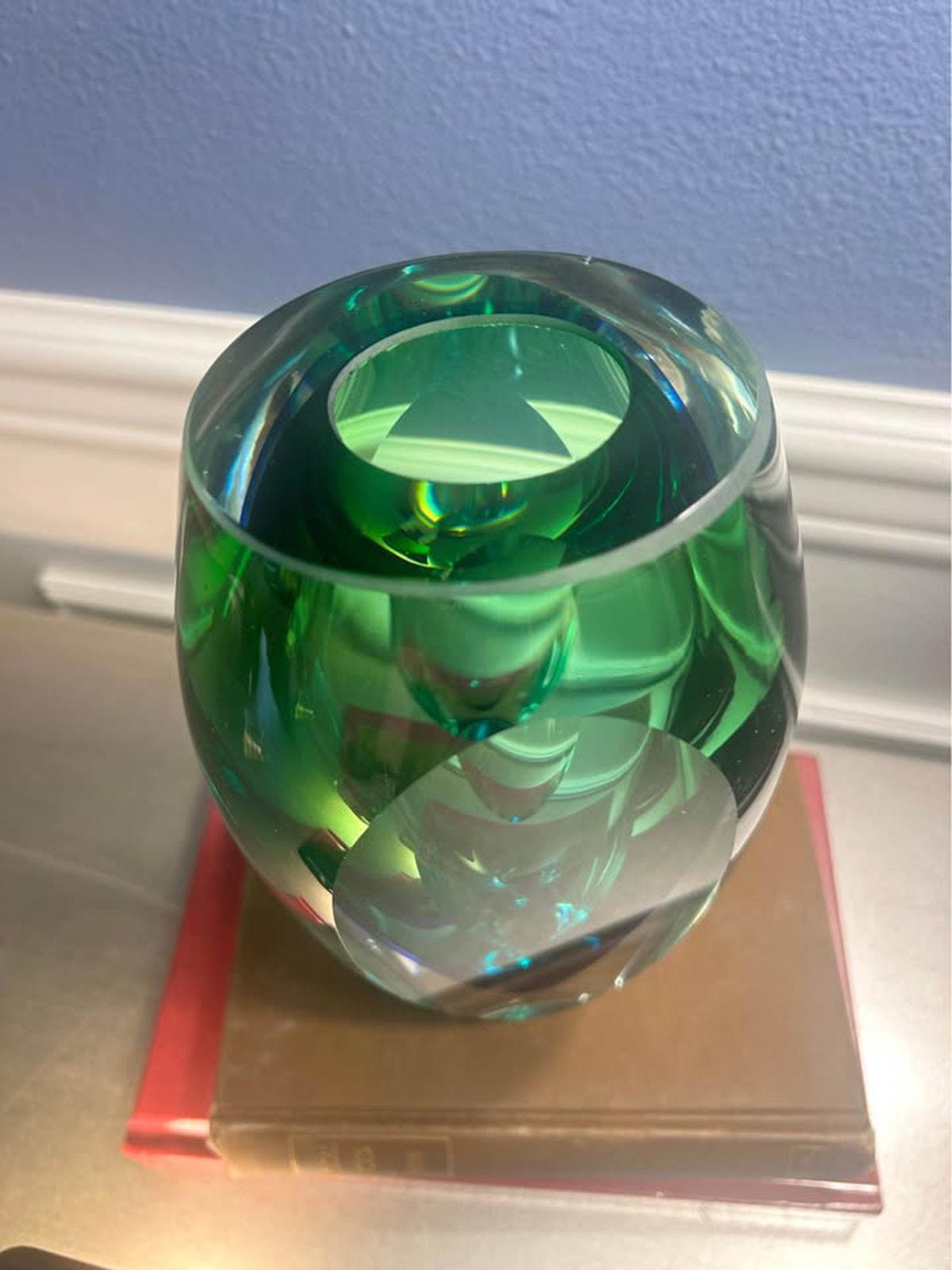 Vintage Heavy Sommerso Art Glass Vase with Polished Optic Lenses Green and Blue