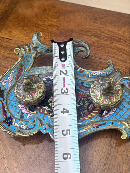 Antique French Champlevé Enamel Brass Double Inkwell