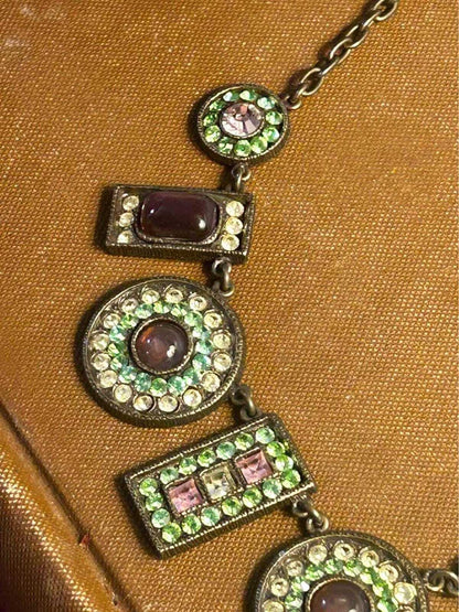 Vintage Poggi Paris Bronze Tone and Uranium Glass Statement Necklace