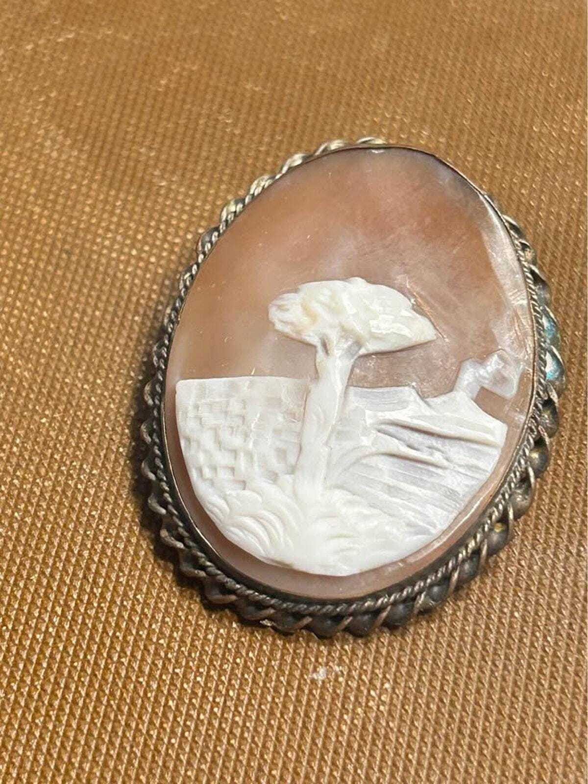 Victorian Hand-Carved Shell Cameo Brooch - Mediterranean Landscape Scene