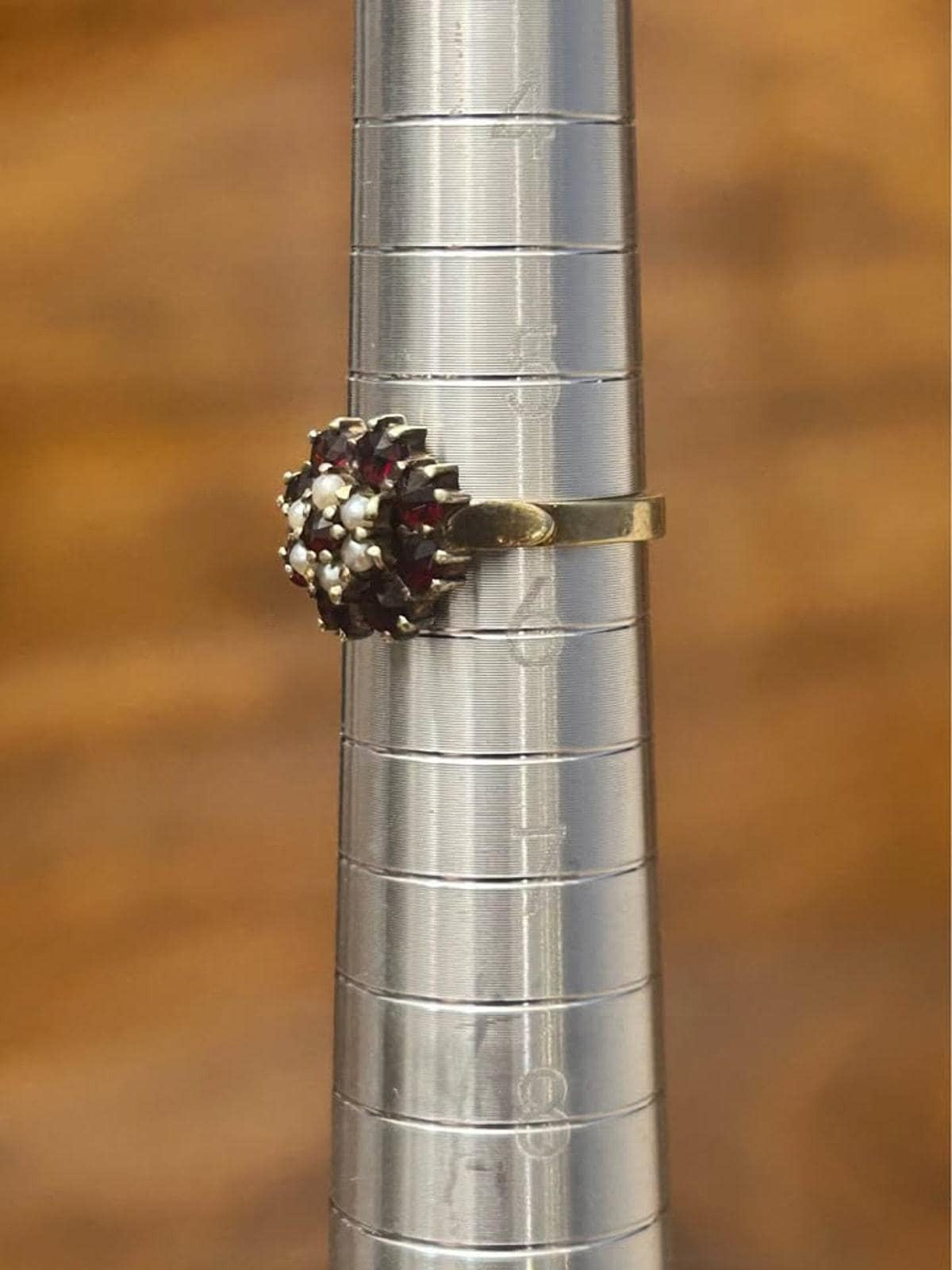 Antique 14k Yellow Gold Bohemian Garnet and Seed Pearl Cluster Ring