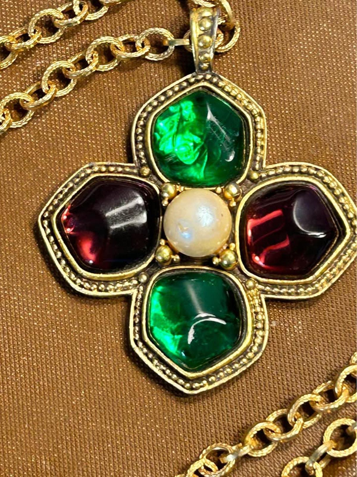 Yves Saint Laurent Vintage Poured Glass and Pearl Maltese Cross Pendant Necklace