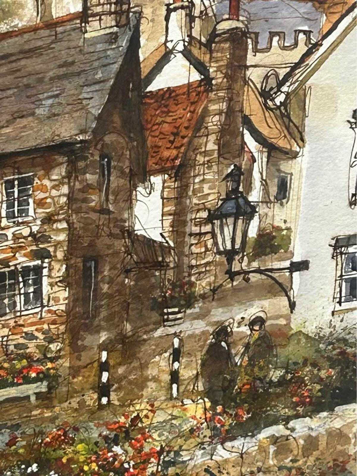 Antique 1895 Original Watercolor by Arthur Hopkins Church Steps Minehead Somerset