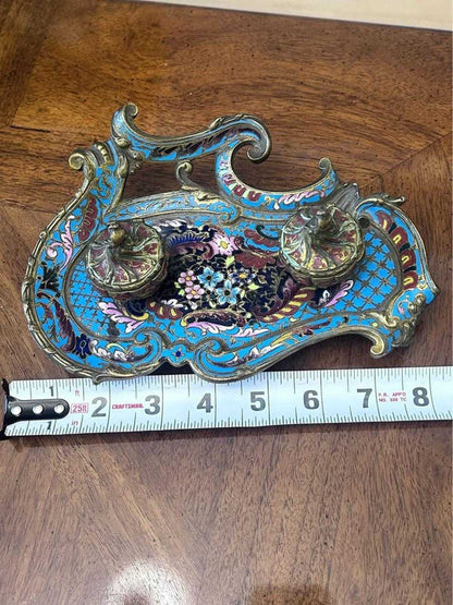 Antique French Champlevé Enamel Brass Double Inkwell