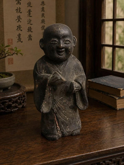Antique Japanese Tsuchi Ningyo Black Clay Scholar Monk Figure 15"