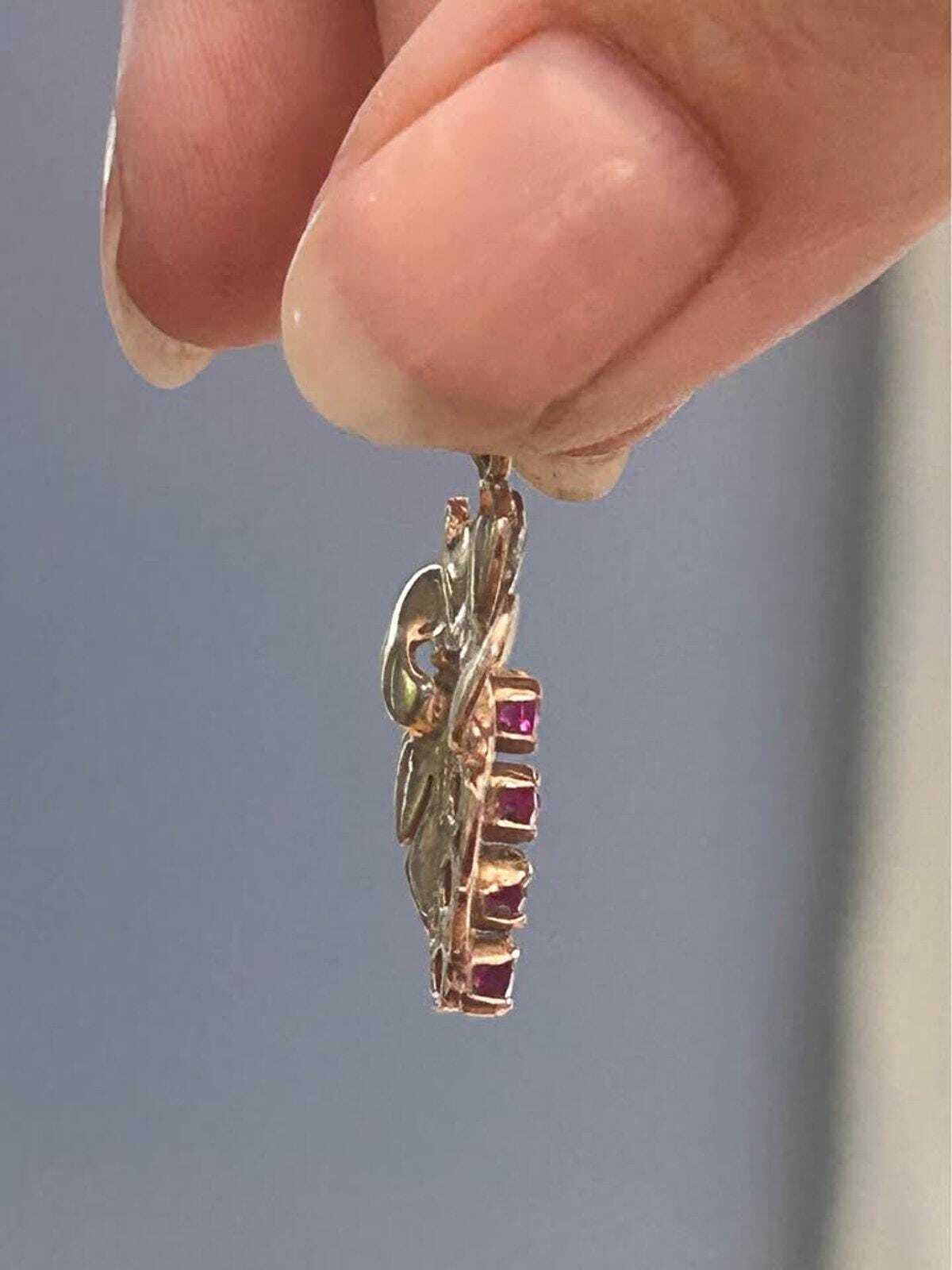 Vintage 14k Yellow Gold Pink Topaz and Diamond Leaf Motif Pendant