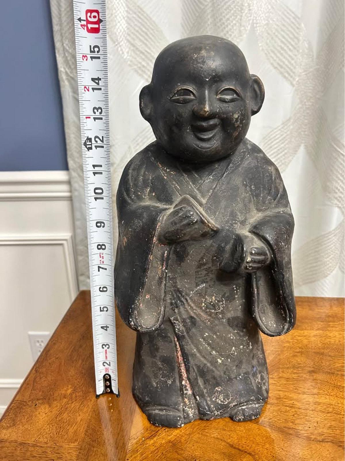 Antique Japanese Tsuchi Ningyo Black Clay Scholar Monk Figure 15"