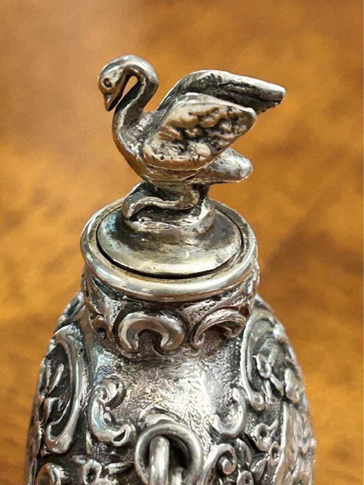 Antique Ornate Sterling Silver Chatelaine Scent Bottle With Swan Finial And Repousse Motif