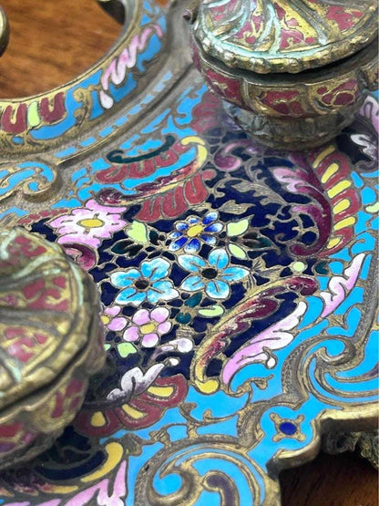 Antique French Champlevé Enamel Brass Double Inkwell