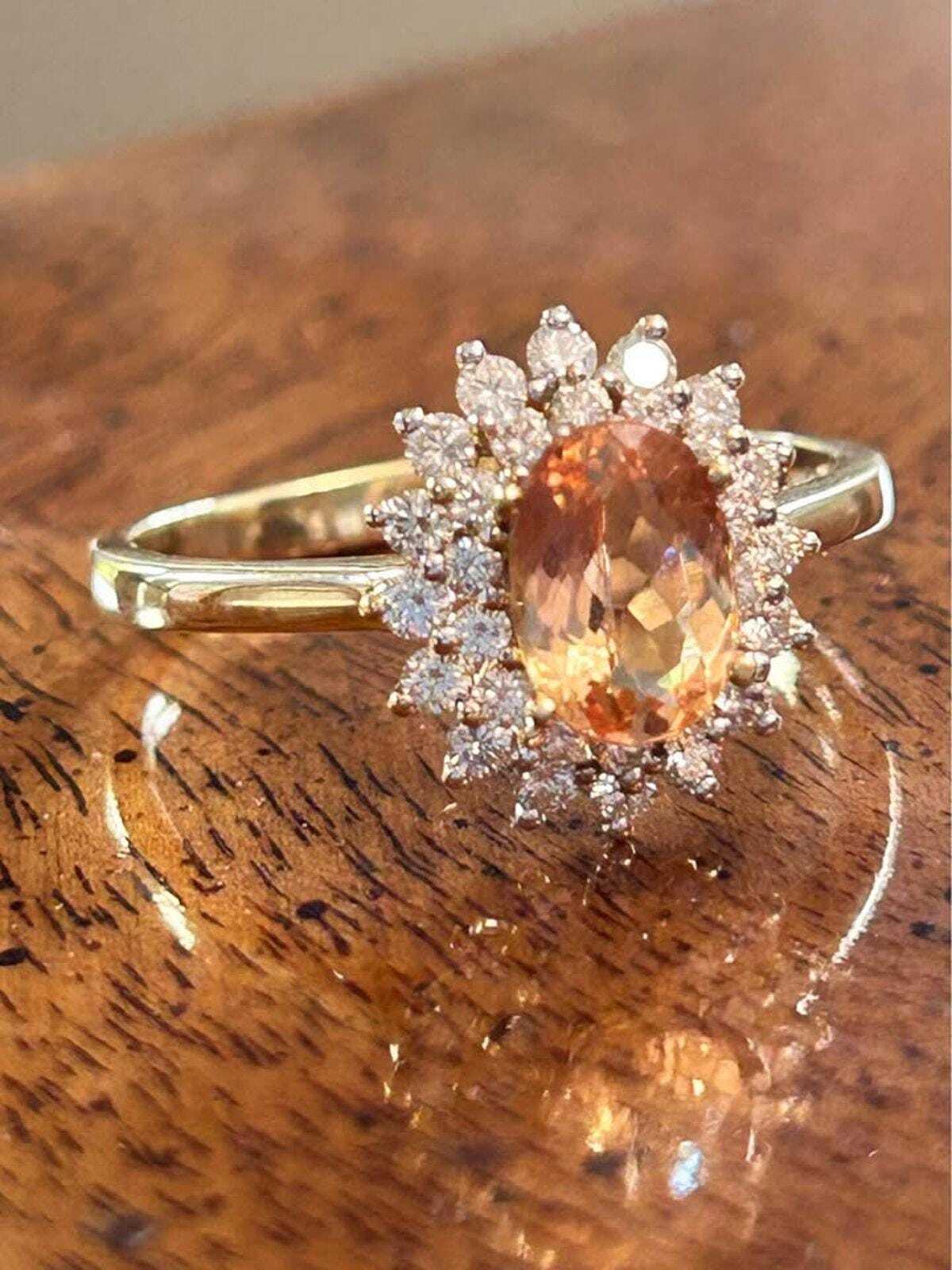 Vintage 14K Gold Golden Topaz Diamond Sunburst Ring – Estate Cocktail Jewelry