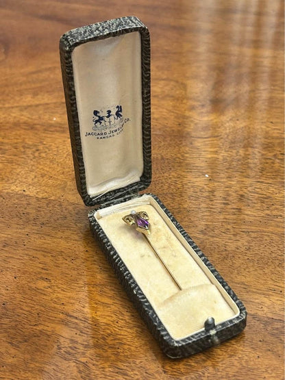 Antique Jaccard Jewelry Co 14k Gold Amethyst & Pearl Stick Pin in Box