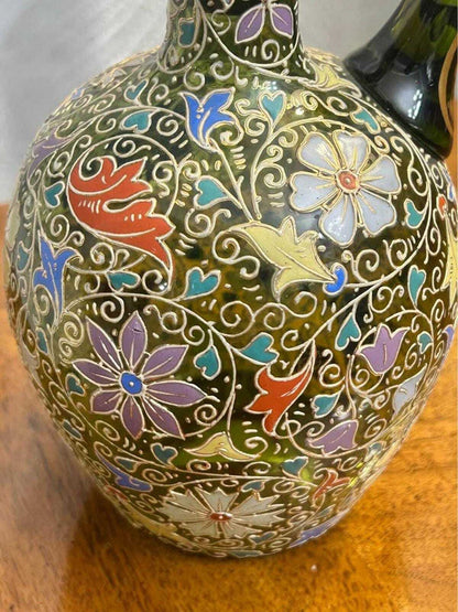 Antique Bohemian Enameled Green Glass Decanter Pitcher