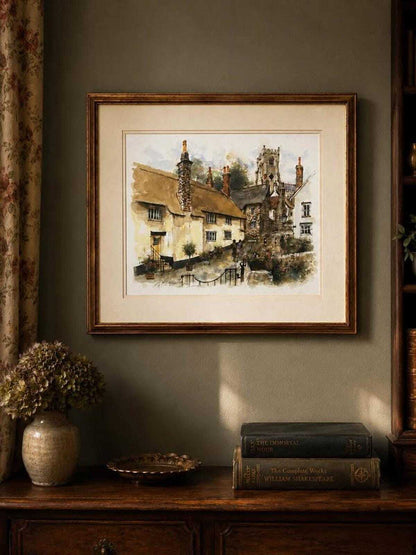 Antique 1895 Original Watercolor by Arthur Hopkins Church Steps Minehead Somerset