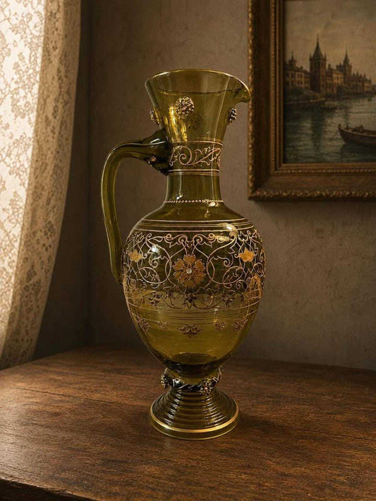 Antique Fritz Heckert Bohemian Art Glass Jeweled Ewer Pitcher