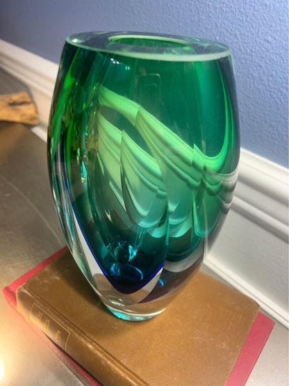 Vintage Heavy Sommerso Art Glass Vase with Polished Optic Lenses Green and Blue