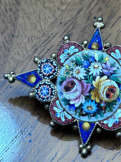 Antique Italian Grand Tour 800 Silver Fine Micro Mosaic Floral Brooch