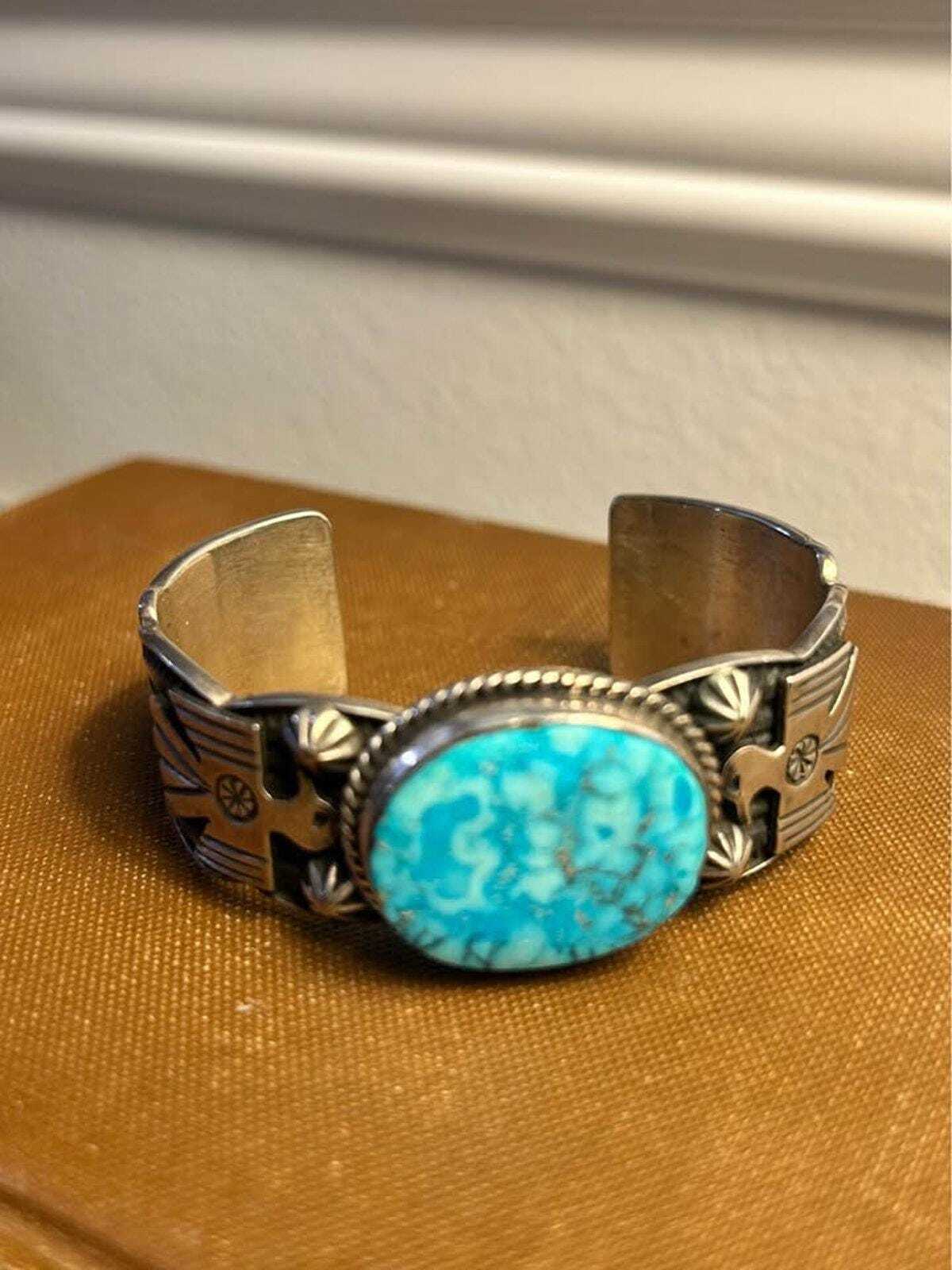 Vintage Andy Cadman Navajo Sterling Silver Turquoise Thunderbird Cuff