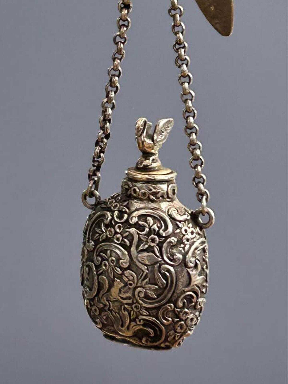 Antique Ornate Sterling Silver Chatelaine Scent Bottle With Swan Finial And Repousse Motif