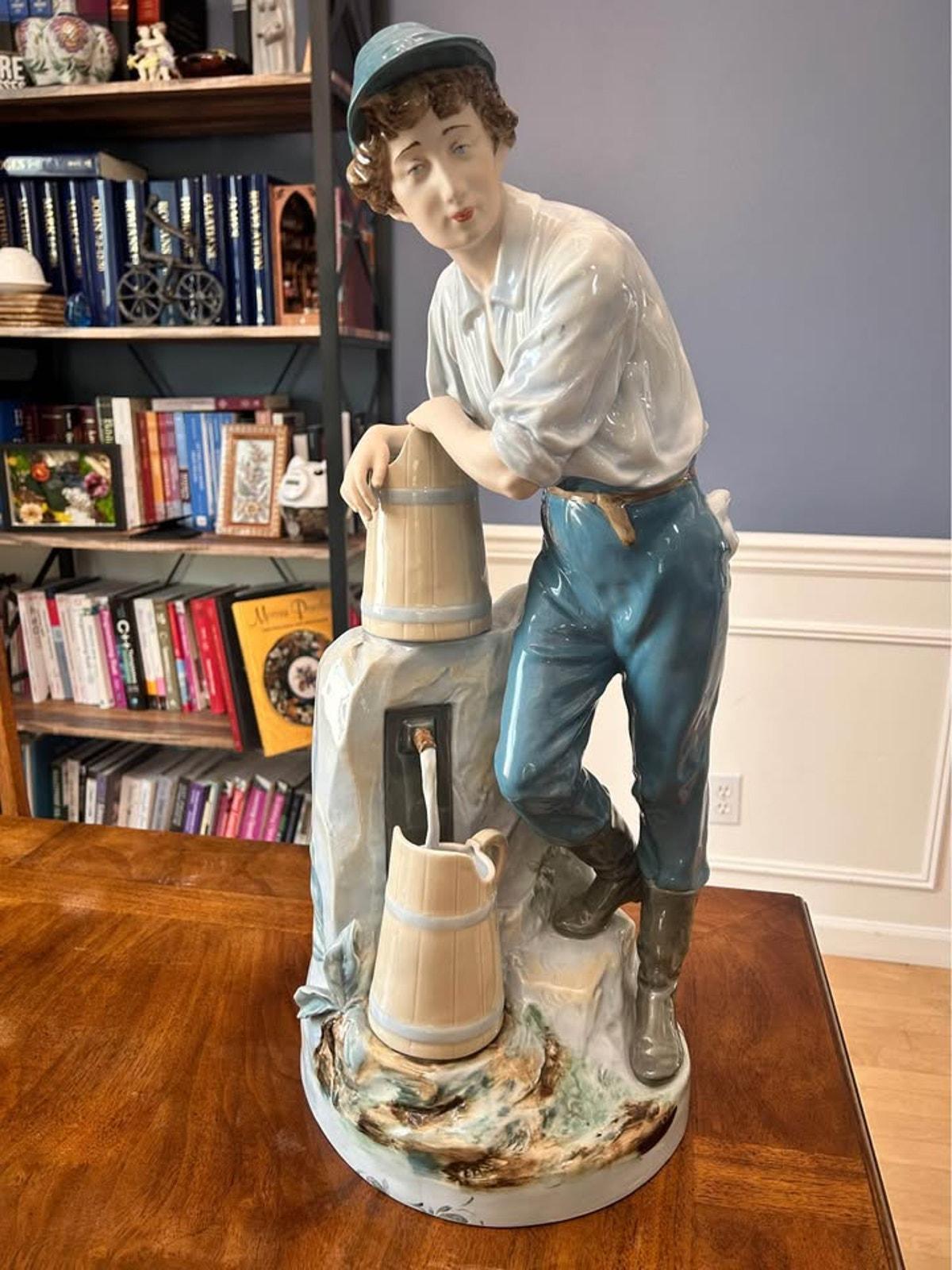 Large Vintage Royal Dux Bohemia Porcelain Boy at the Well Figurine Model 10563