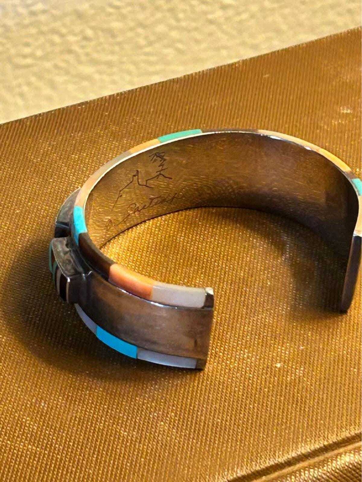 Vintage Zuni Olivia Panteah Sterling Silver Multi-Stone Raised Inlay Cuff Bracelet