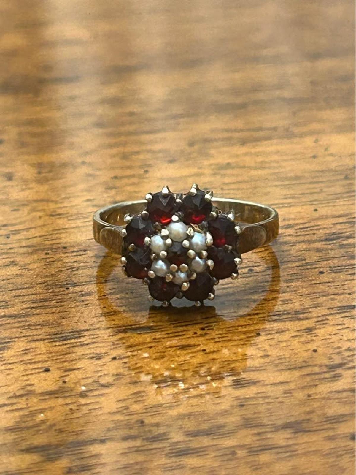 Antique 14k Yellow Gold Bohemian Garnet and Seed Pearl Cluster Ring