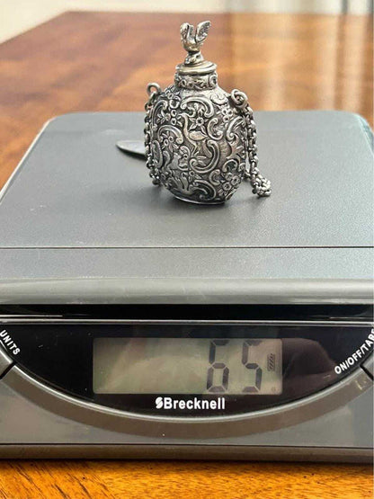 Antique Ornate Sterling Silver Chatelaine Scent Bottle With Swan Finial And Repousse Motif
