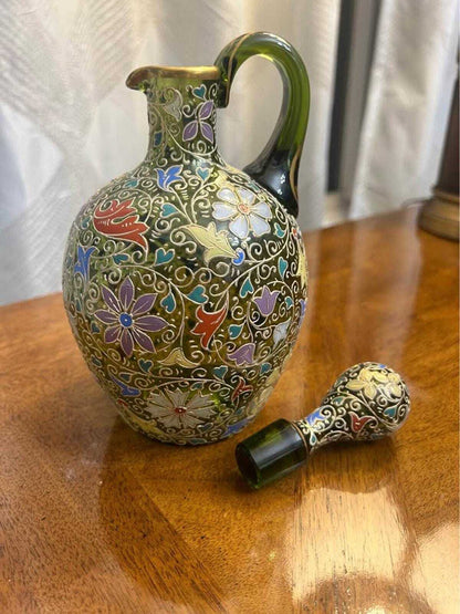Antique Bohemian Enameled Green Glass Decanter Pitcher