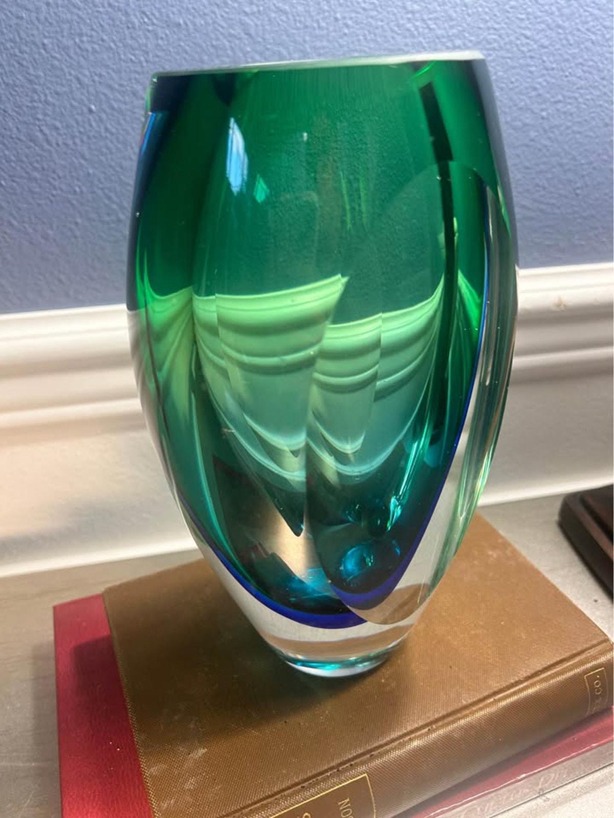 Vintage Heavy Sommerso Art Glass Vase with Polished Optic Lenses Green and Blue