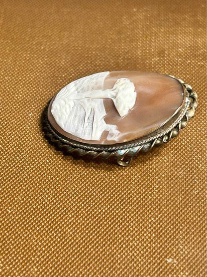 Victorian Hand-Carved Shell Cameo Brooch - Mediterranean Landscape Scene