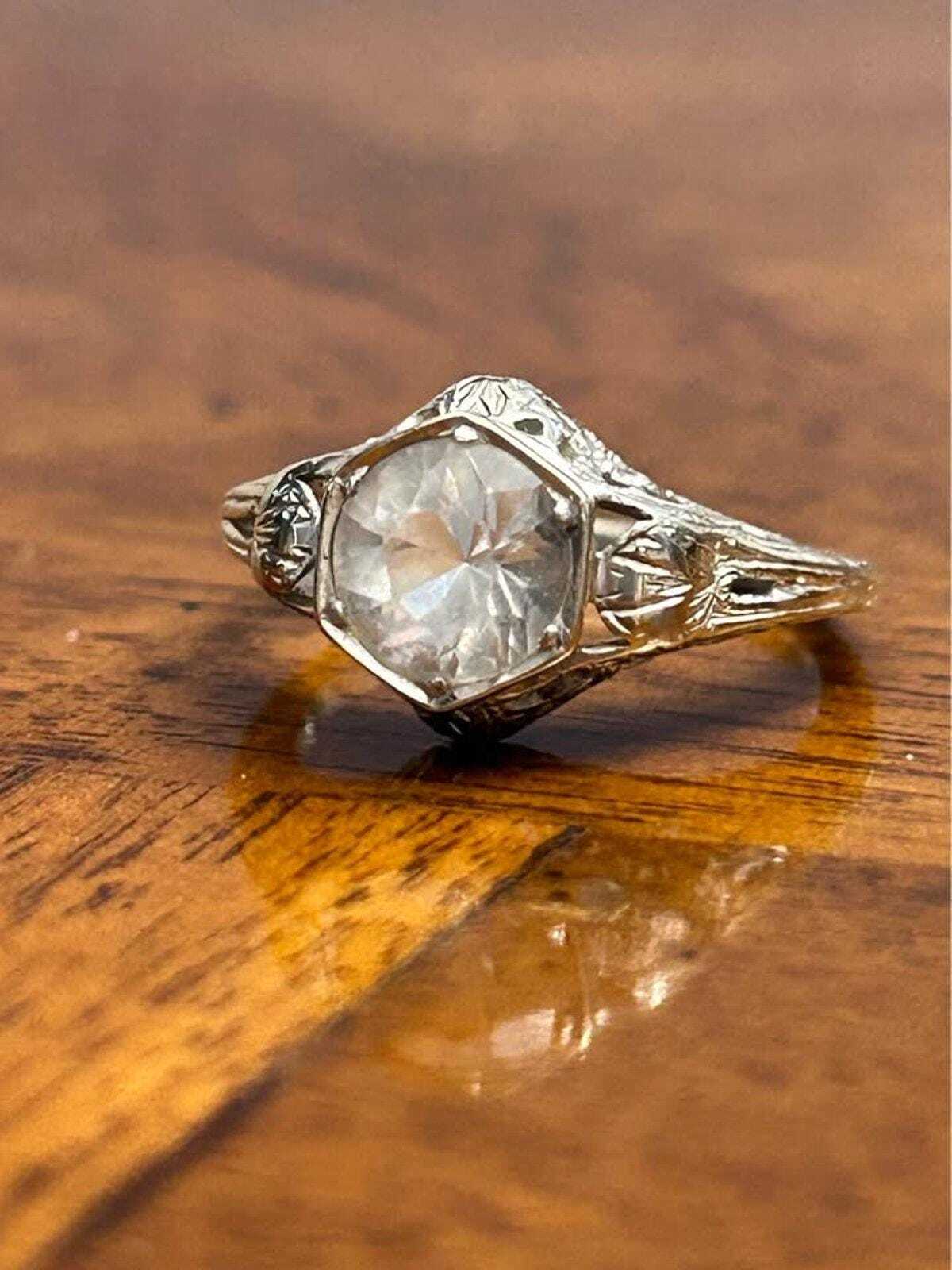 Antique Art Deco 14k White Gold Filigree Clear Spinel Ring Size 4.5