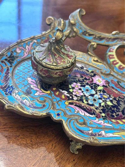 Antique French Champlevé Enamel Brass Double Inkwell